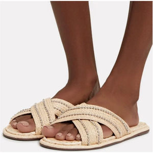 SCHUTZ Carlotta Crystal Embellished Criss Cross Faux Raffia Slide Sandals